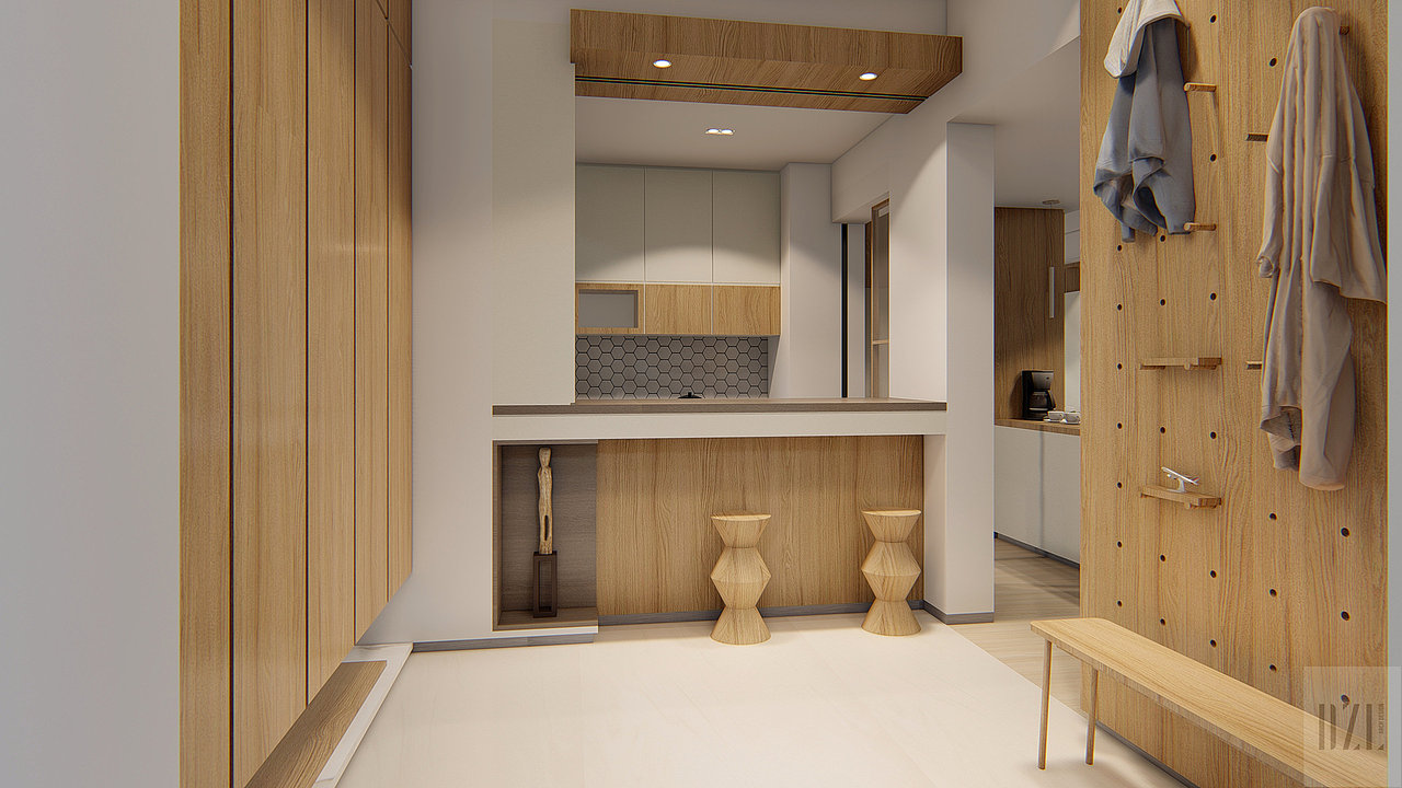 玄关立面小木板木条可零活变动
<br>简洁有趣<br><br>延伸而入望去<br><br>面积较小的中厨空间<br><br>也被门厅空间带引<br><br>宽敞明亮了