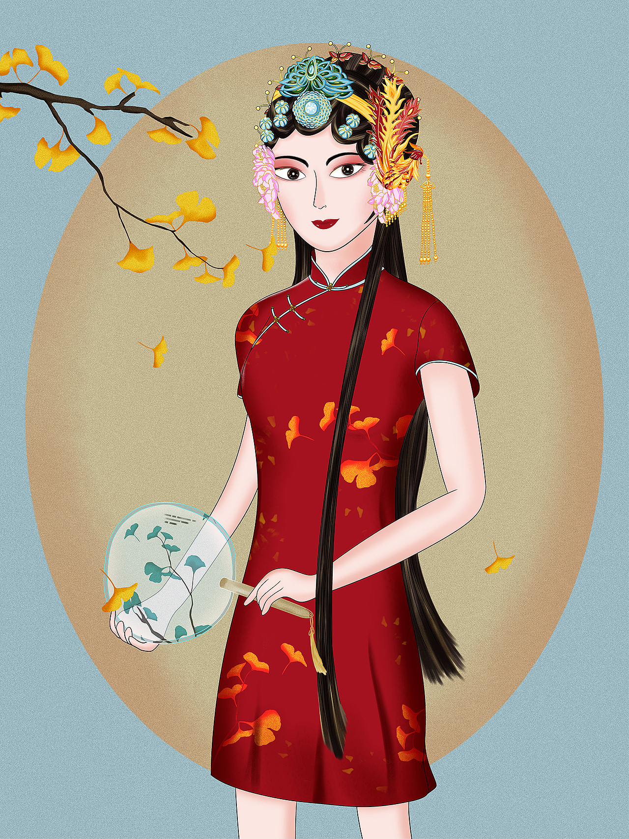 手绘国潮京剧旗袍女孩插画
