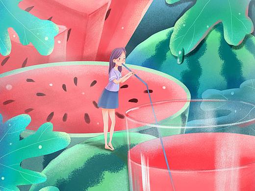 清凉一夏西瓜畅饮（个人主页-ZNDQ2MTAxMDg=） - 商业插画 - 站酷设计师摩丝卡卡原创素材 - 站酷ZCOOL