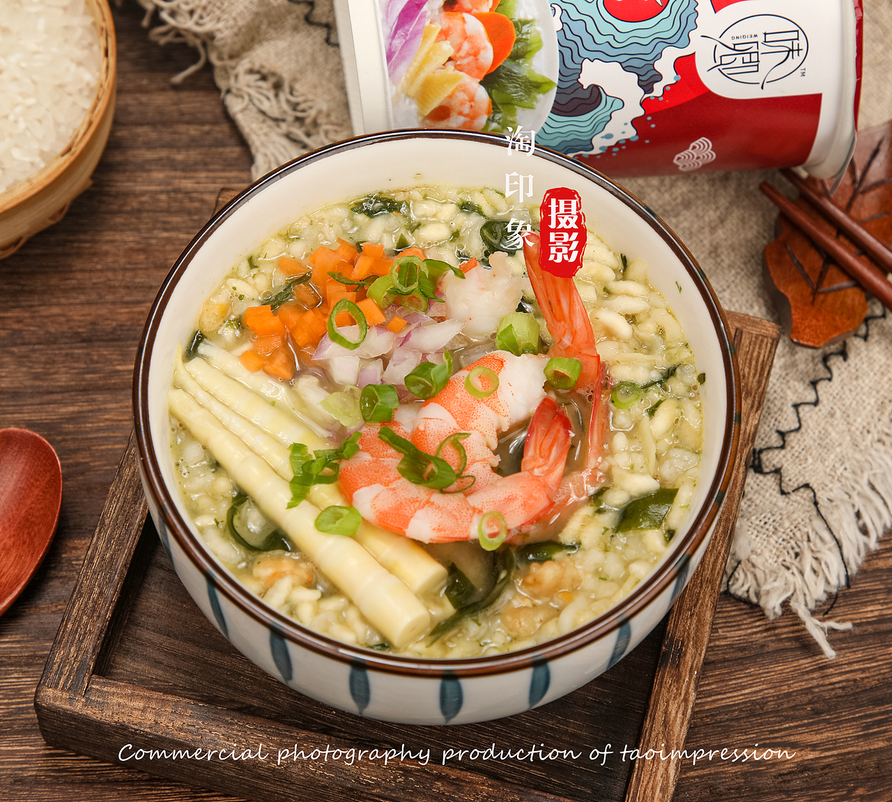 速食粥拍摄潍坊美食产品拍摄海鲜虾仁粥|香菇鸡肉粥|