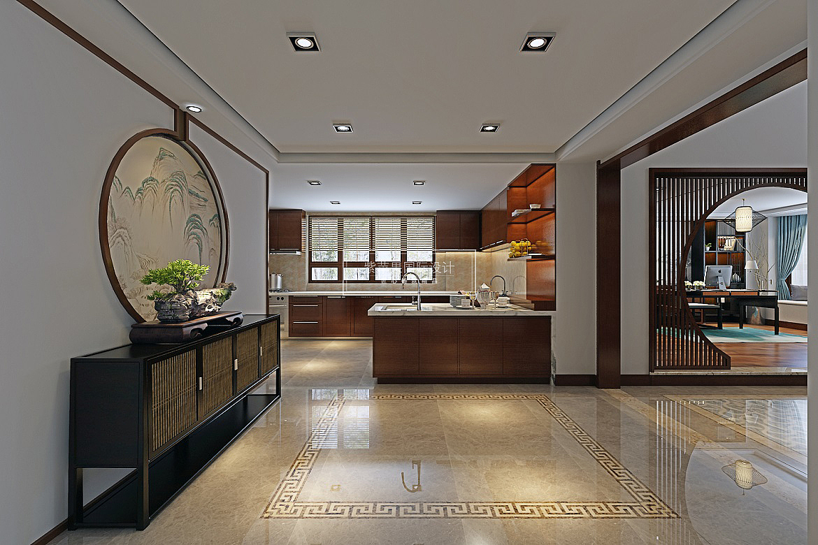 贵阳新中式实景装修案例,富有质感的座椅与古朴吊灯,相依相偎,设计精巧的传统家具与现代生活的相遇,浪漫而美好。