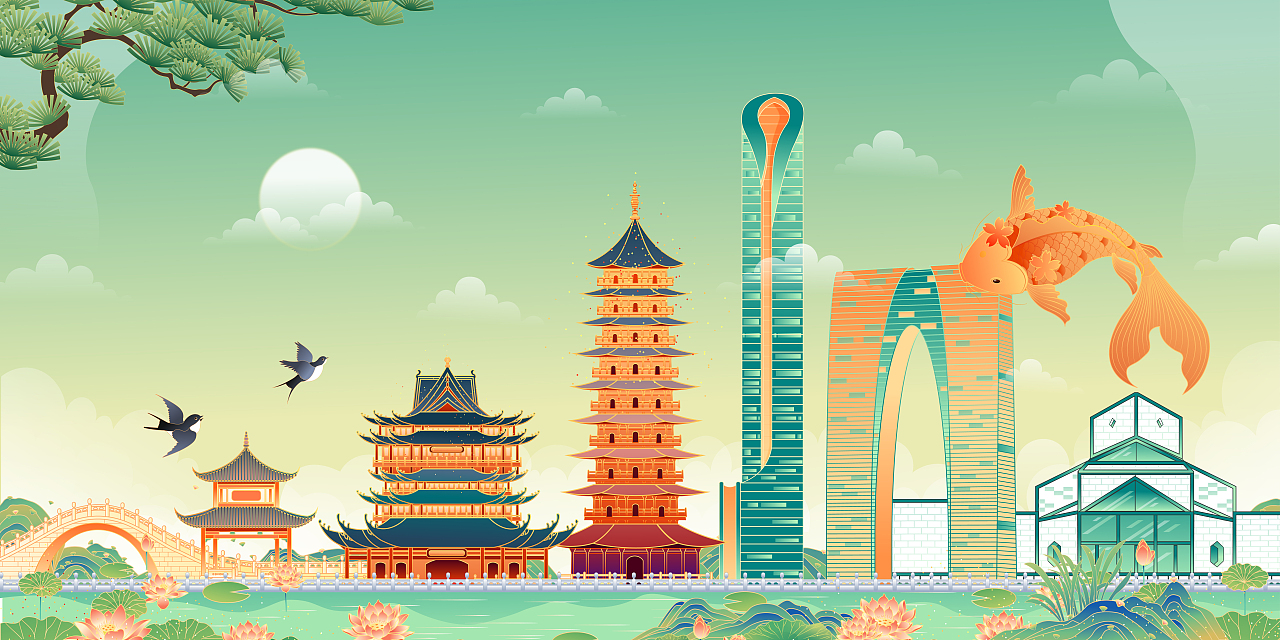 国潮风苏州建筑插画