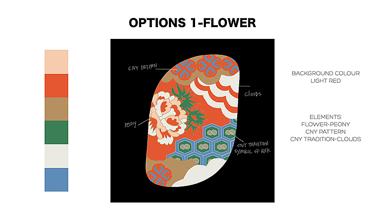 OPTIONS 2是以一个深红色为底色牡丹为主要画面搭配蝴蝶等元素