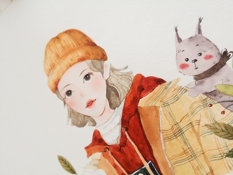 复古水彩少女插画