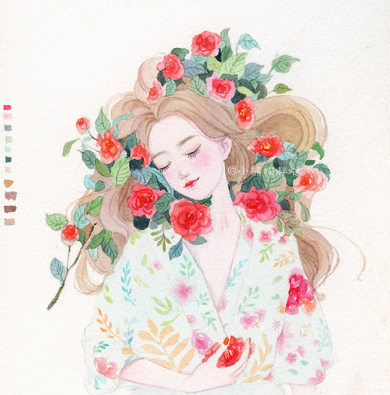 【小熊猫】少女与山茶花 水彩手绘人物水彩插画教程