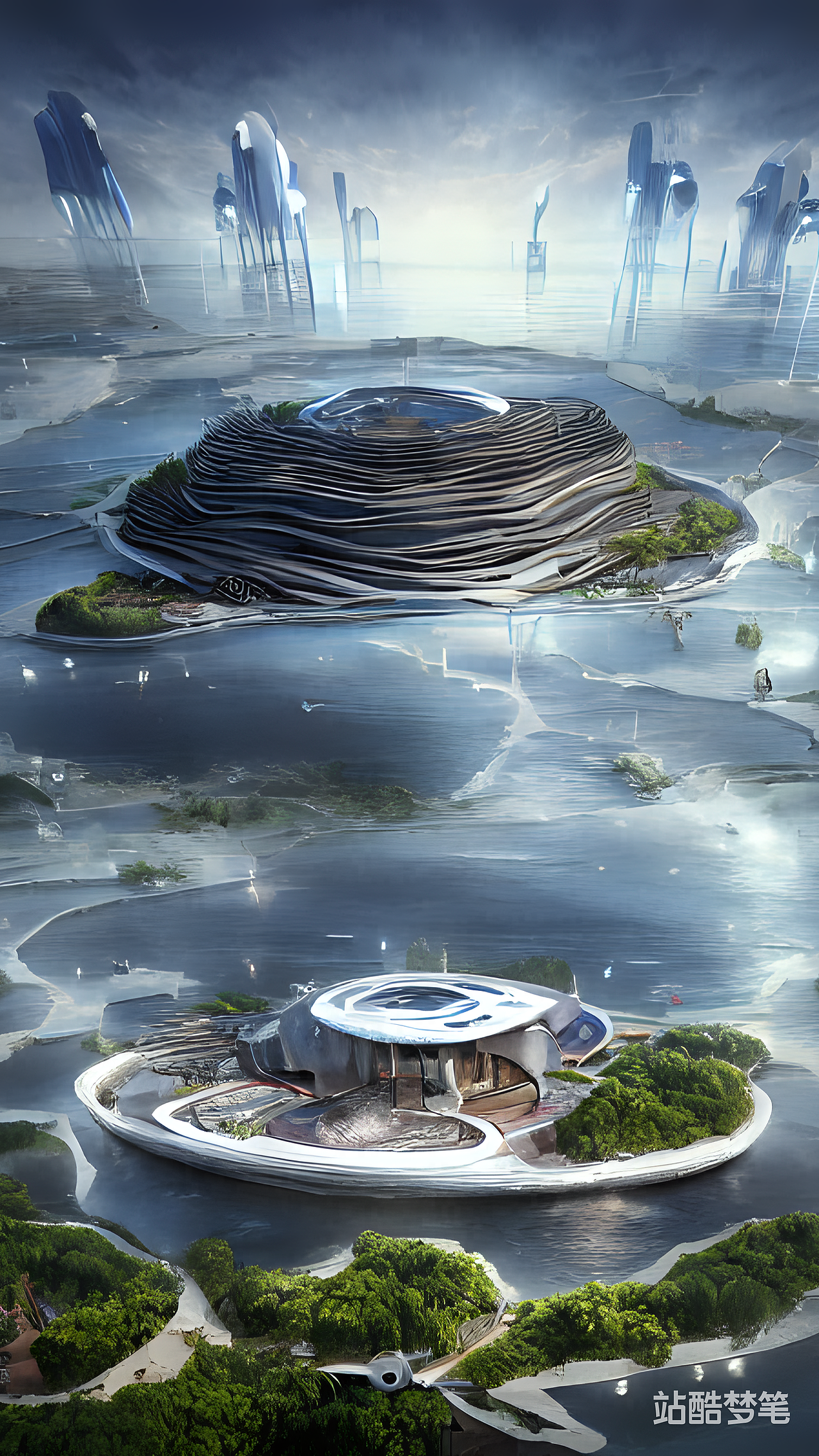 #站酷梦笔#海上浮岛方舟，岛上是未来科技风城市，远景（图ZMzI0NzMwNzg0） - AI作品 - 站酷设计师Mocooo原创素材 - 站酷ZCOOL