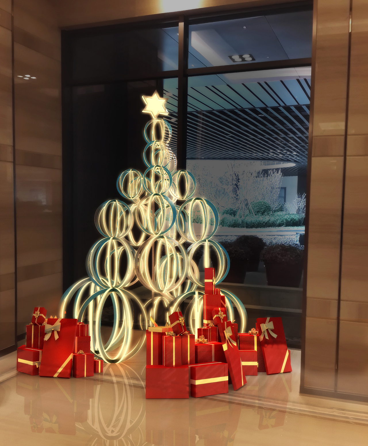 红色和白色的圣诞室内装饰有圣诞树和壁炉照片摄影图片_ID:300838030-Veer图库