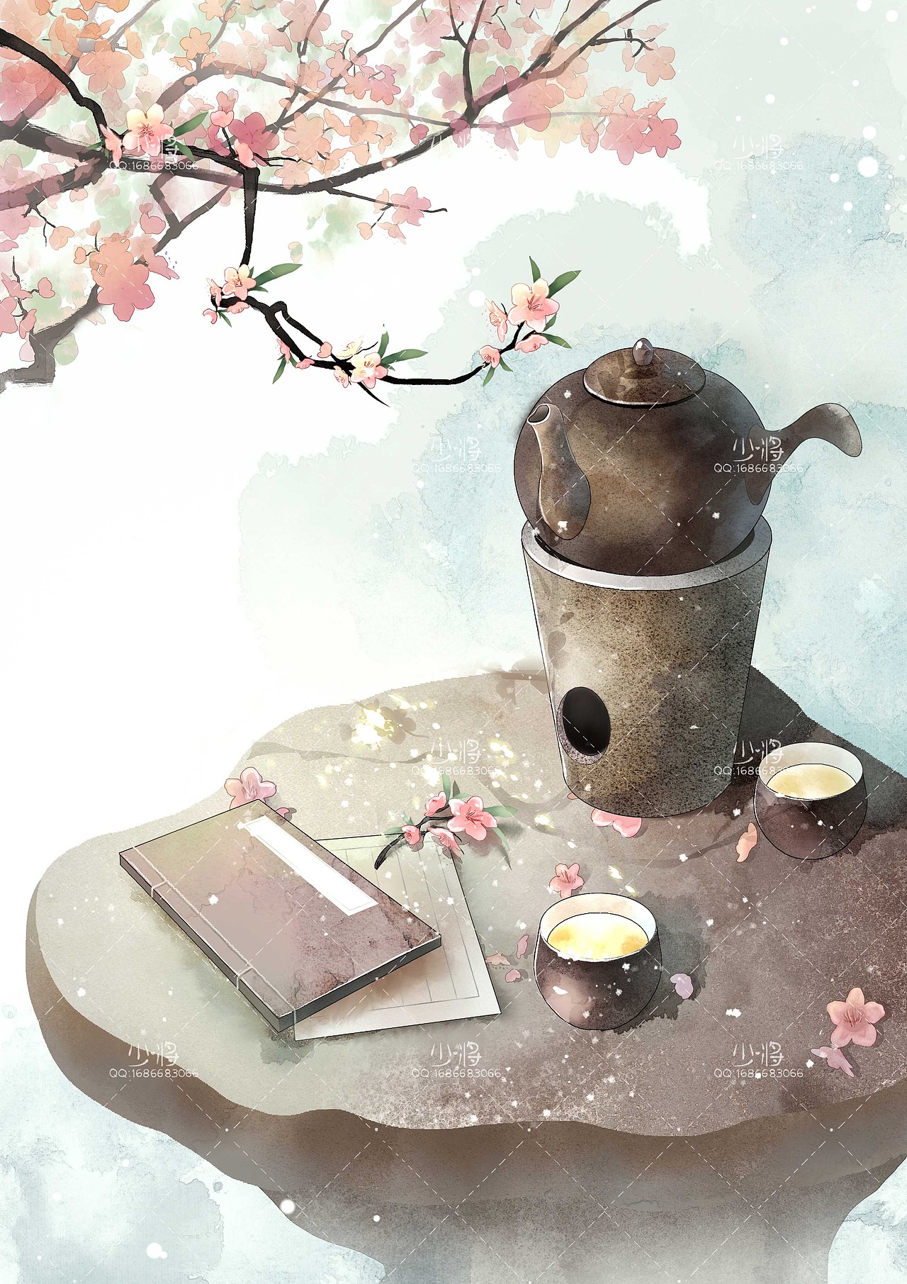 古风静物水墨插画