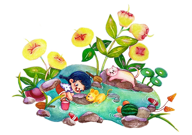 手绘插画|水彩，小女孩与猫咪小老鼠过夏天（图ZMzEzNjQwMDc2） - 儿童插画 - 站酷设计师柳柳插画原创素材 - 站酷ZCOOL