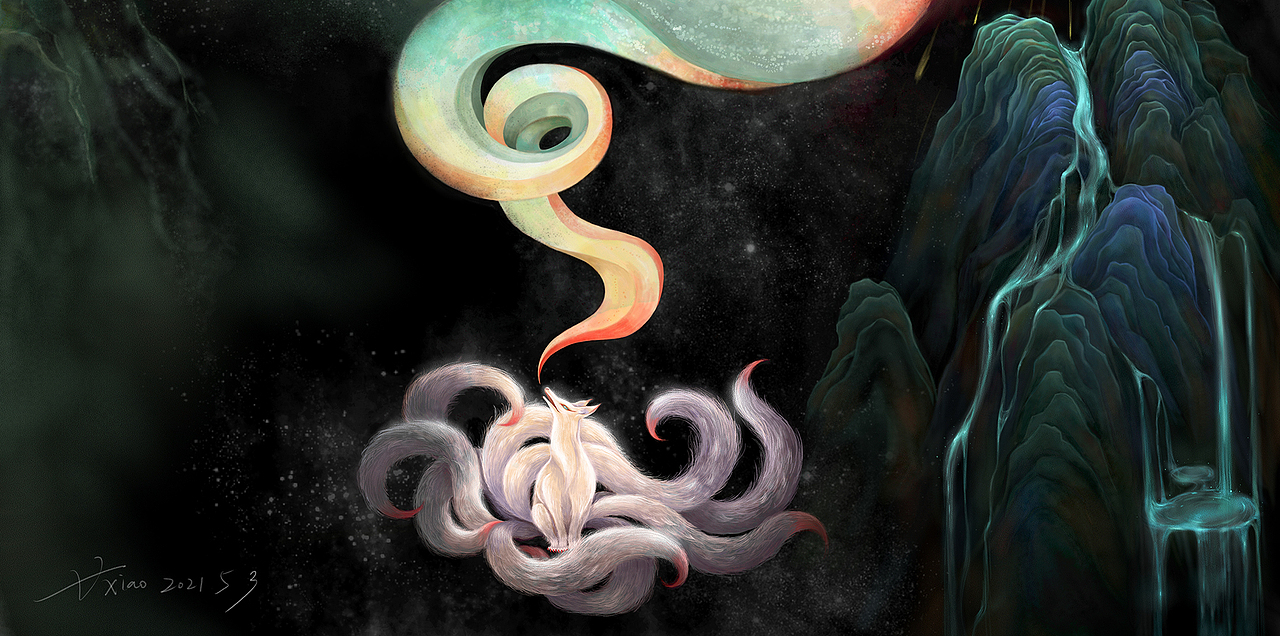 九尾狐一只~~纯属本人恶趣味,就是为了构图才画的,意为整个故事是