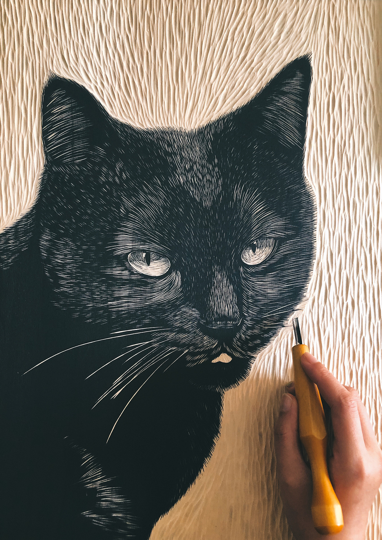 猫咪手工雕刻黑白木刻版画