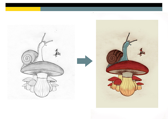 小女巫遇到了巨大的月光蛞蝓,在红色的有毒的蘑菇上爬行。
这个画面居中构图,左重右轻,右边加上飞行的小女巫让画面平衡起来,这样构图能够让画面不死板,够透气,有种想象的空间。