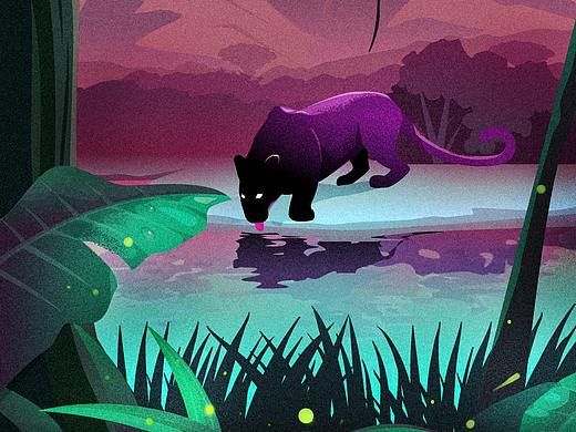 矢量插画 | 夜晚丛林的黑豹