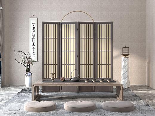 中式实木屏风隔断墙案例/3D建模渲染/详情视觉设计 