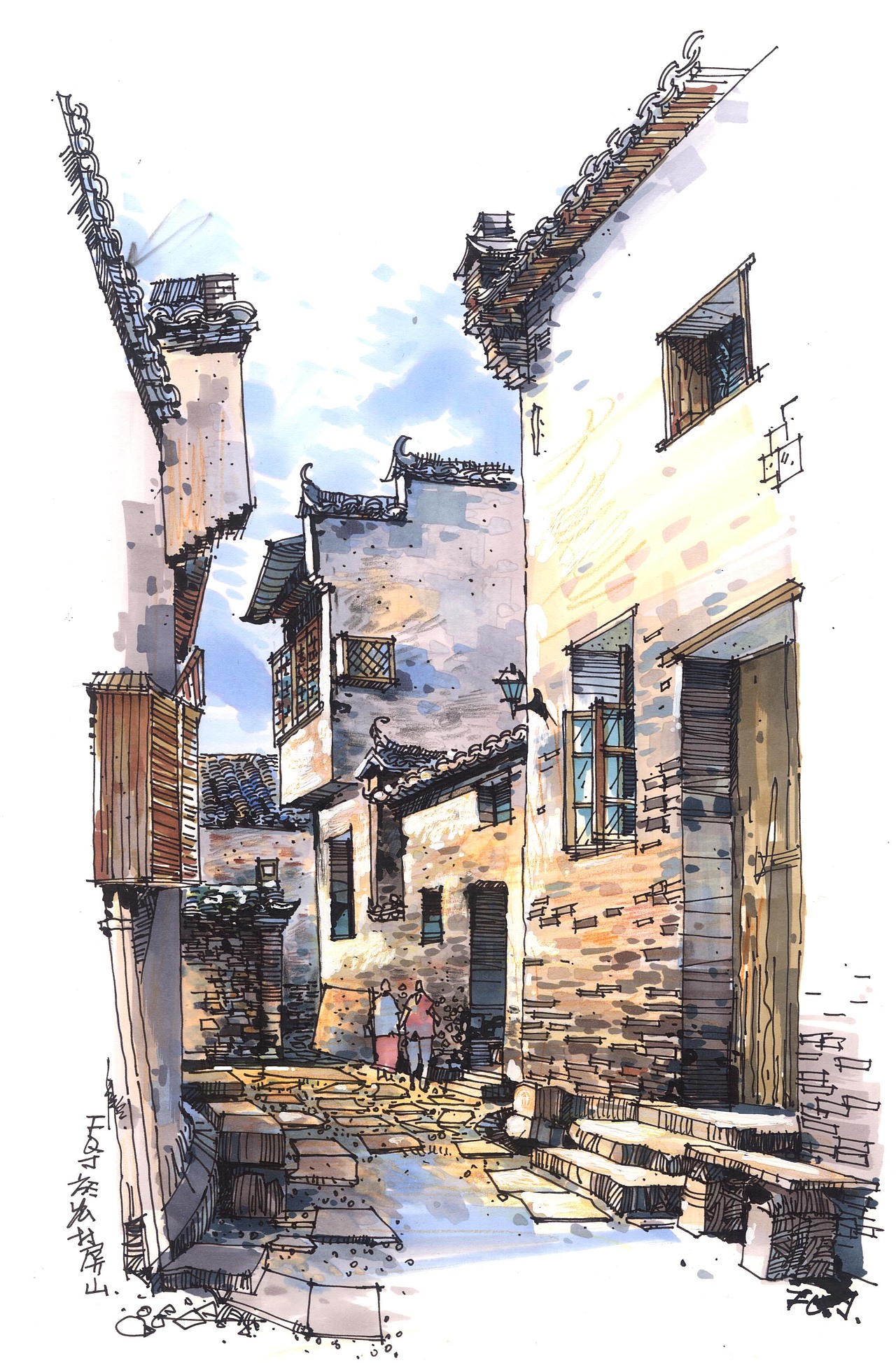 手绘古徽州中国画里的世外桃源