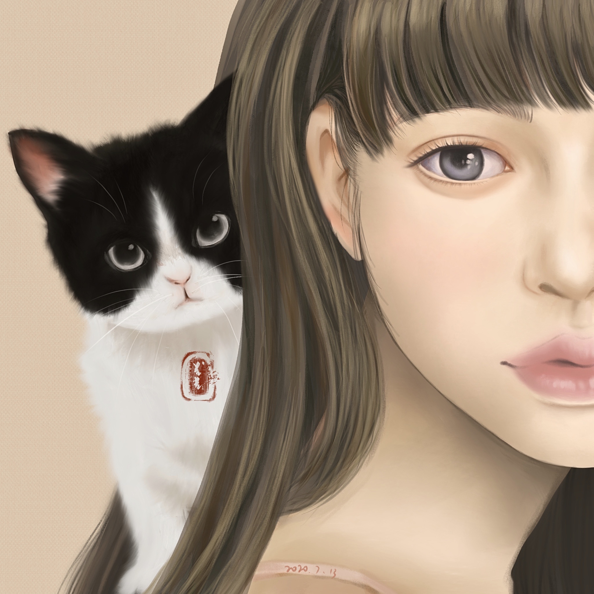 画了一张美人儿与猫