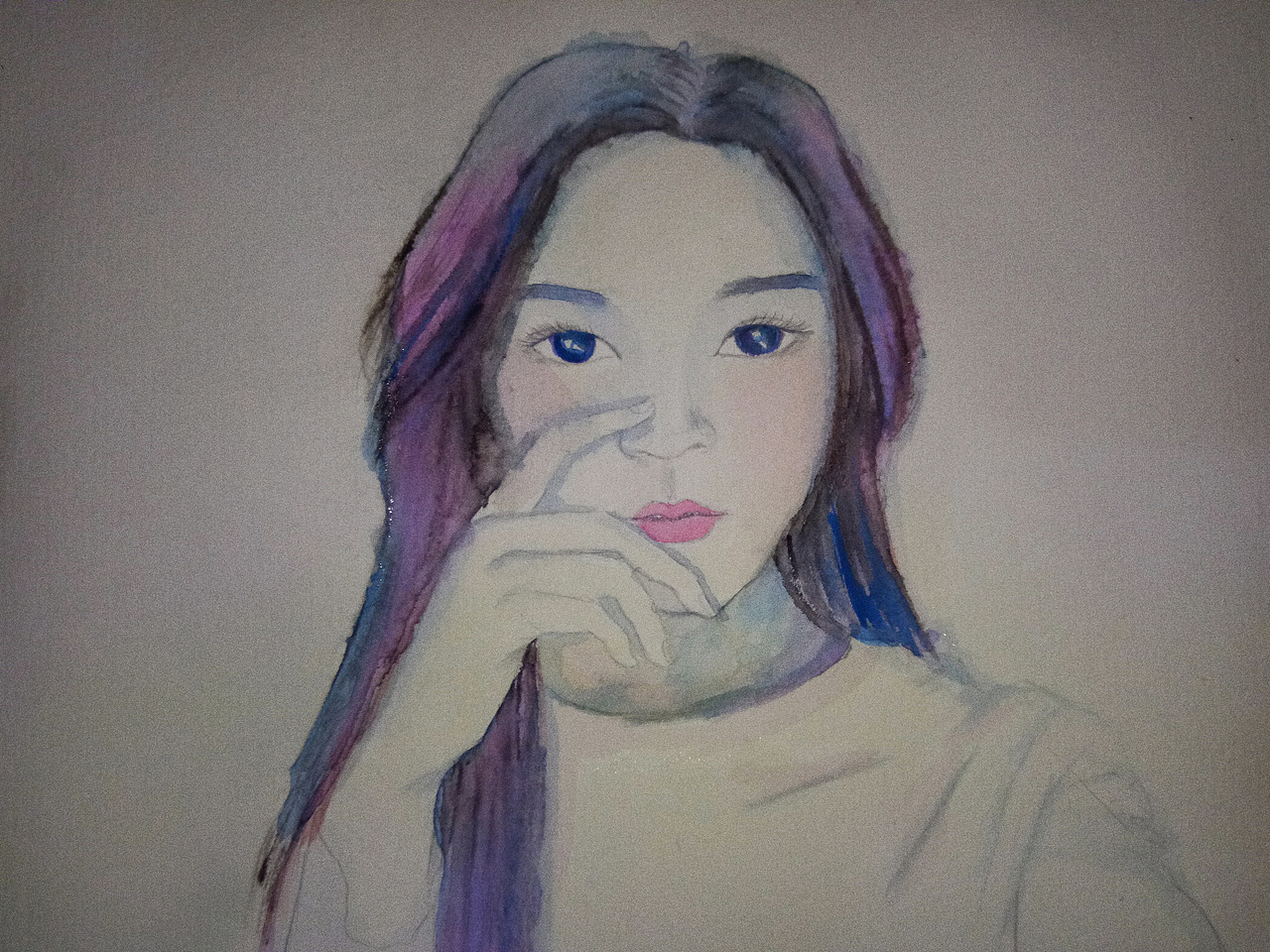 第五步，用蓝色上眼珠的色，光的地方留白，用浅粉色上腮红的颜色和嘴唇