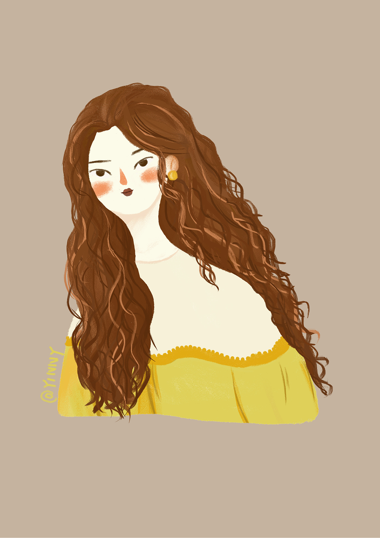 淡黄色的长裙,蓬松的头发
