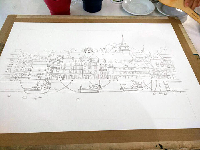 第三步 线稿(轮廓)
掌握了这幅画的构图,我们开始细化物体的轮廓,用自动铅笔画出物体的轮廓和结构,线稿完成。<br>