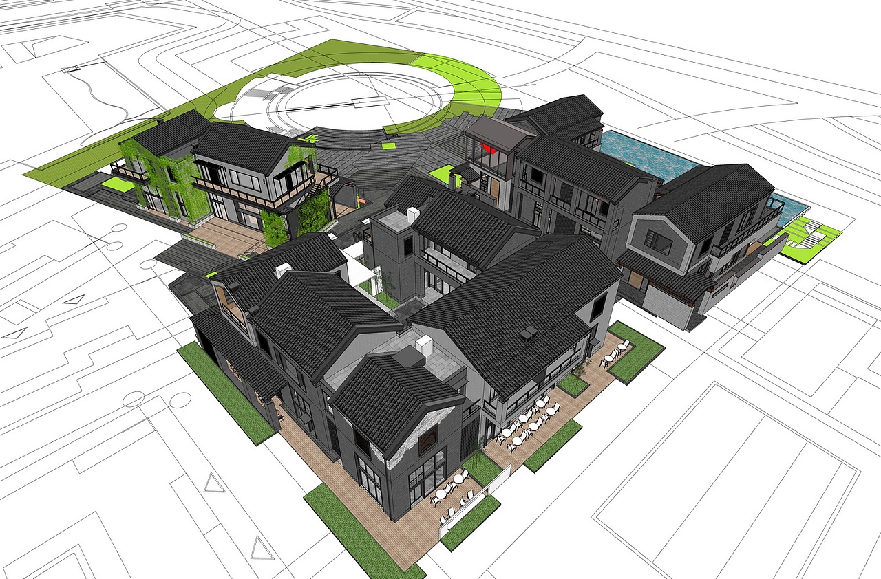 新中式合院别墅民宿SU模型下载