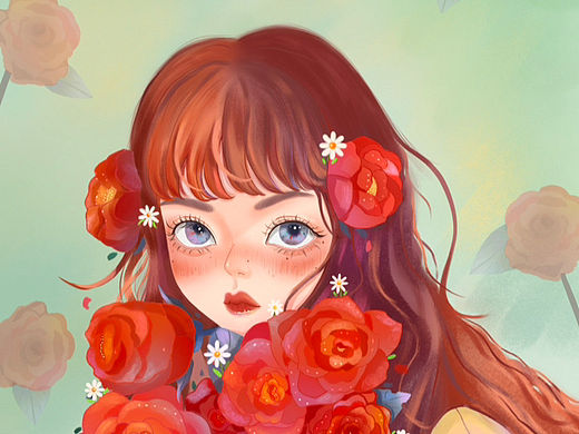 被花朵包围着的少女