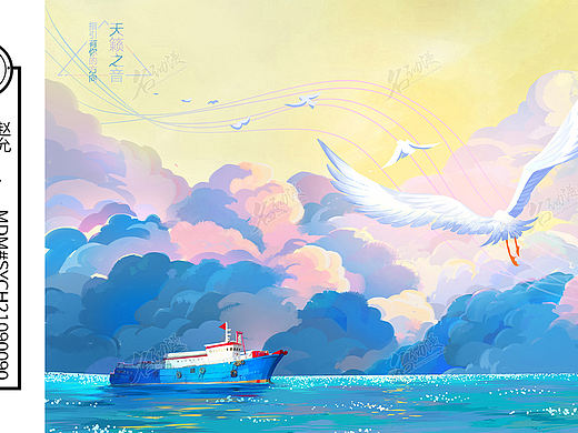 和海鸥一起在水中前进的船