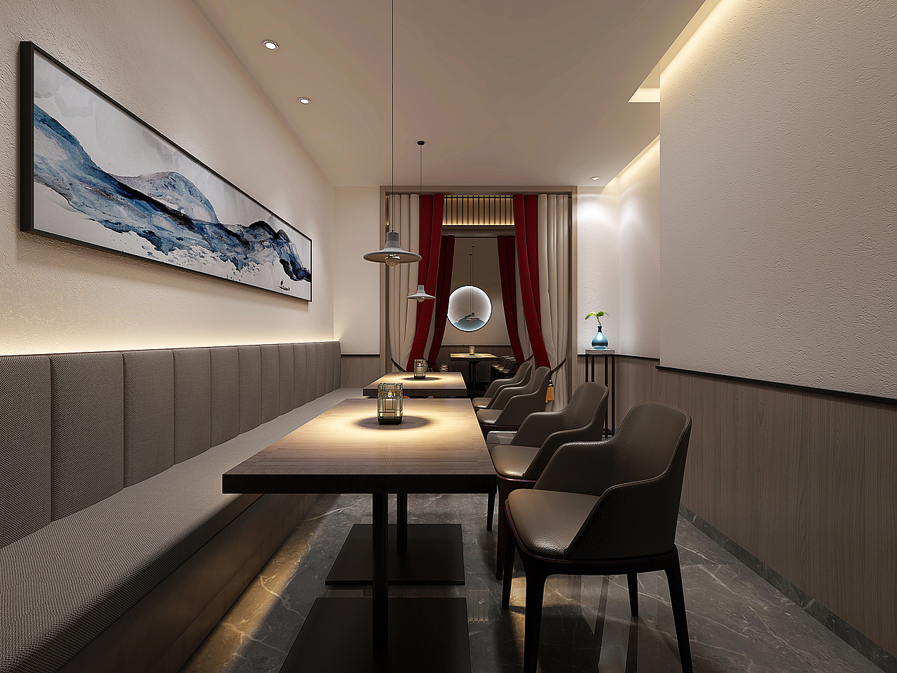 二楼小包厢 br>小包厢墙面使用木色,与卡座和餐桌椅颜色相呼应,在角落