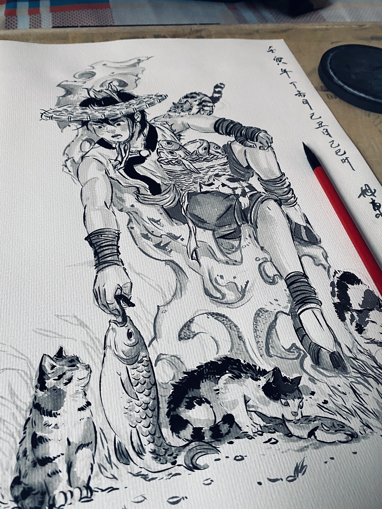 水墨-宝儿喂猫图