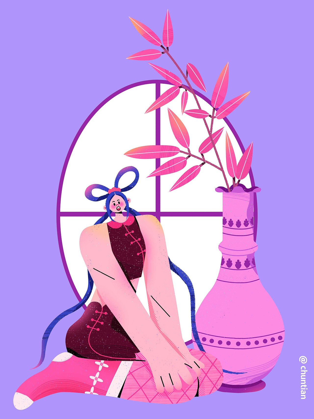 新中式女孩原创扁平插画