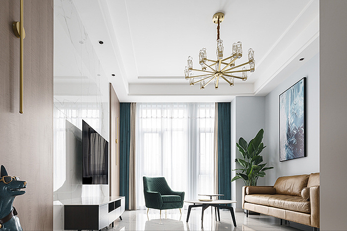 电视背景墙大理石+黄铜做装饰,简约轻奢