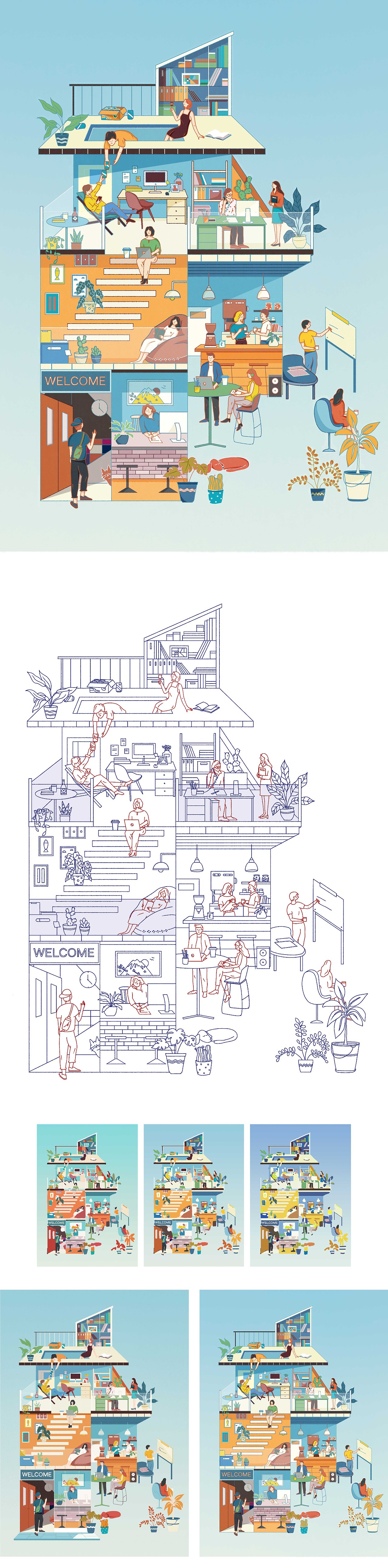 理想生活绘｜自由办公场景LOFT（图ZMzM2NTI4MTQ4） - 商业插画 - 站酷设计师山寂JS原创素材 - 站酷ZCOOL