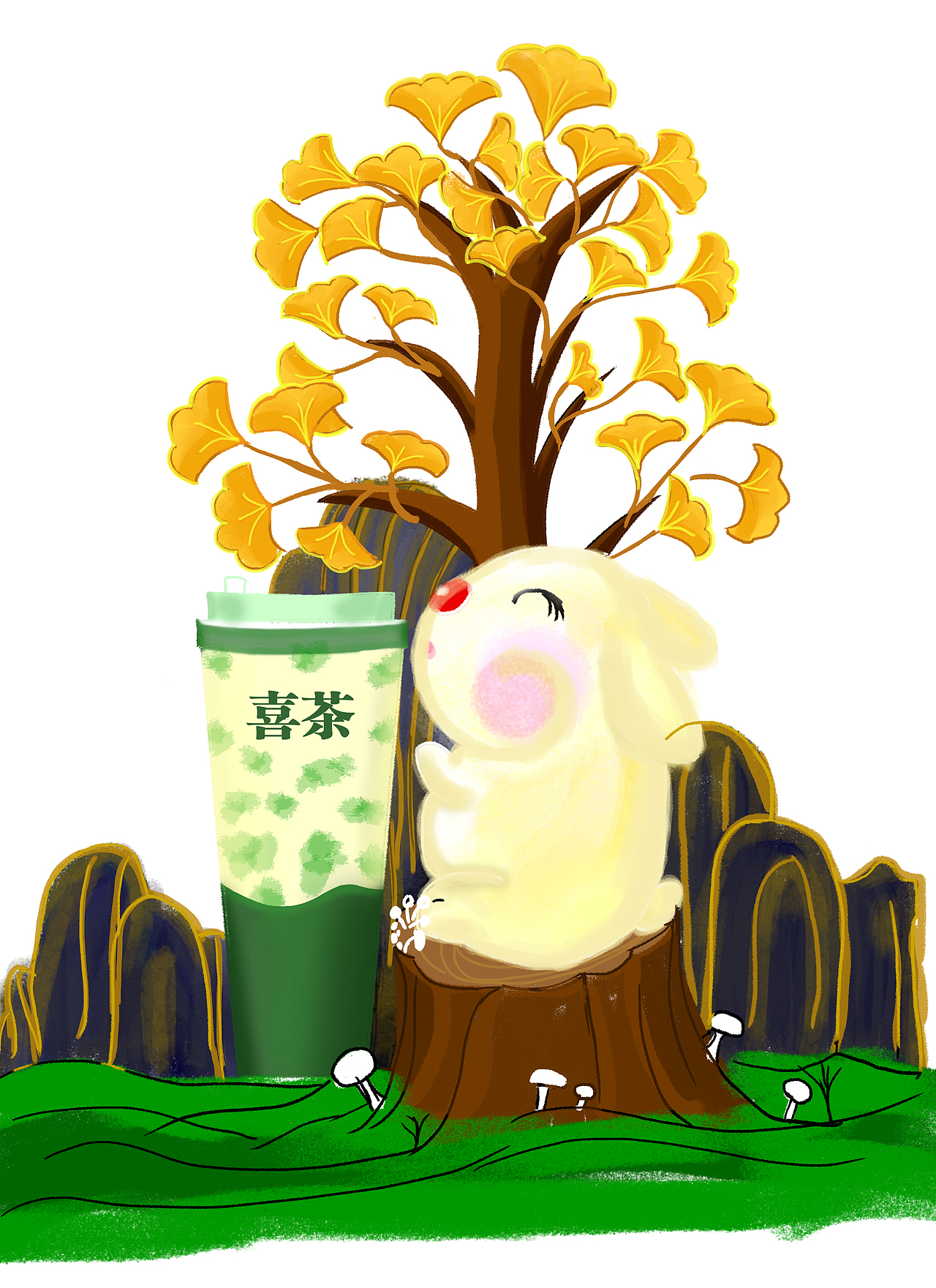 兔子 奶茶 国潮绘画 插画 银杏叶 山 树（图ZMzM3MDI0MDIw） - 包装 - 站酷设计师阮丫原创素材 - 站酷ZCOOL