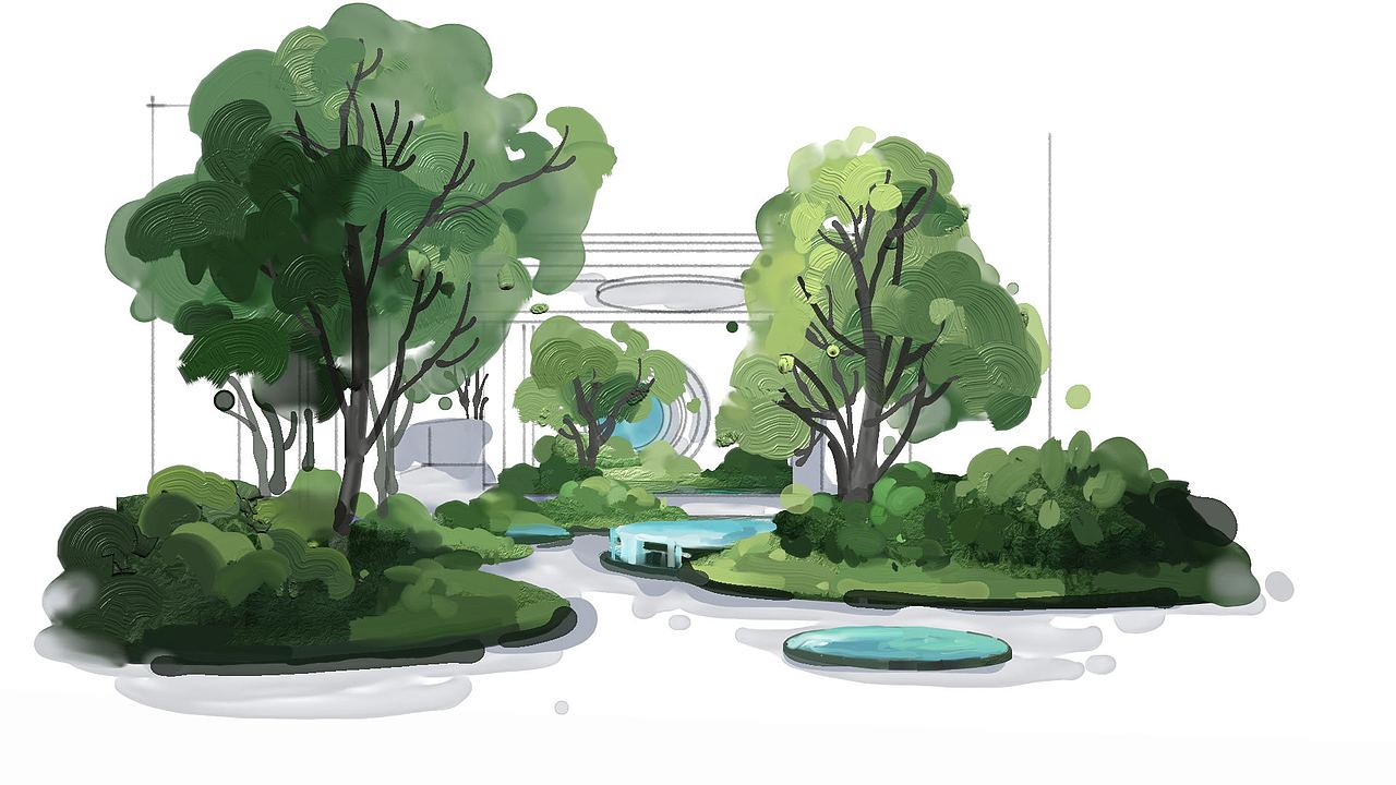 一套小区配套绿化油画风处理图