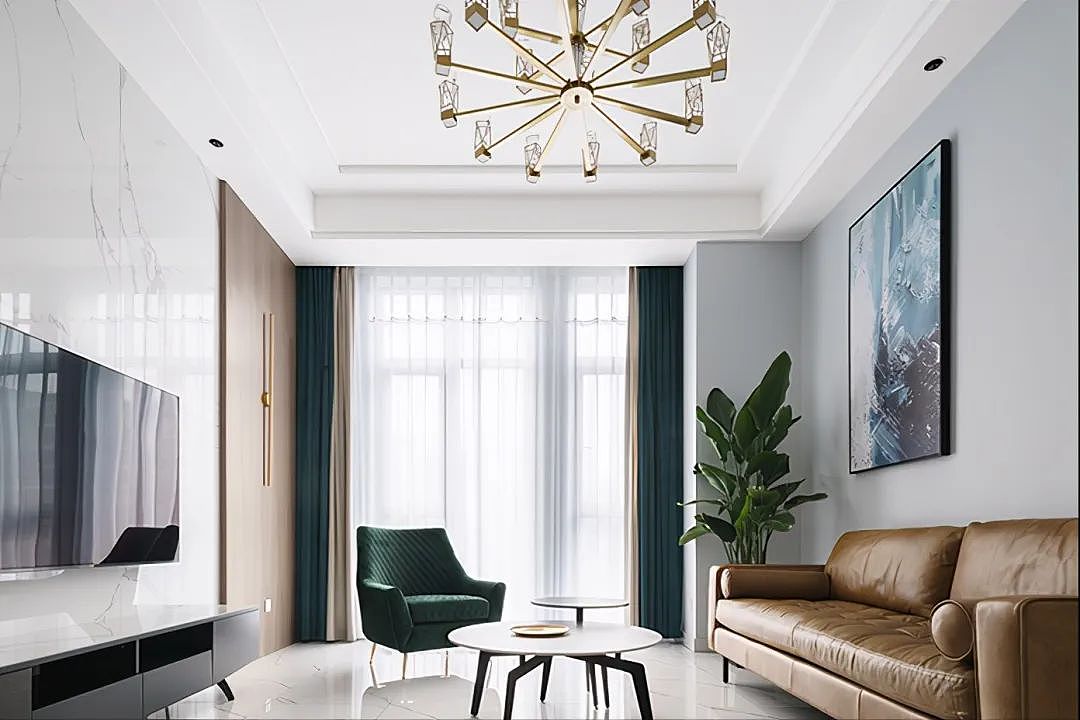 电视背景墙大理石+黄铜做装饰,简约轻奢