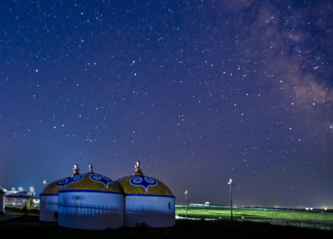 星星的点点光亮与草原融为一体,如同一幅梦幻般的景象