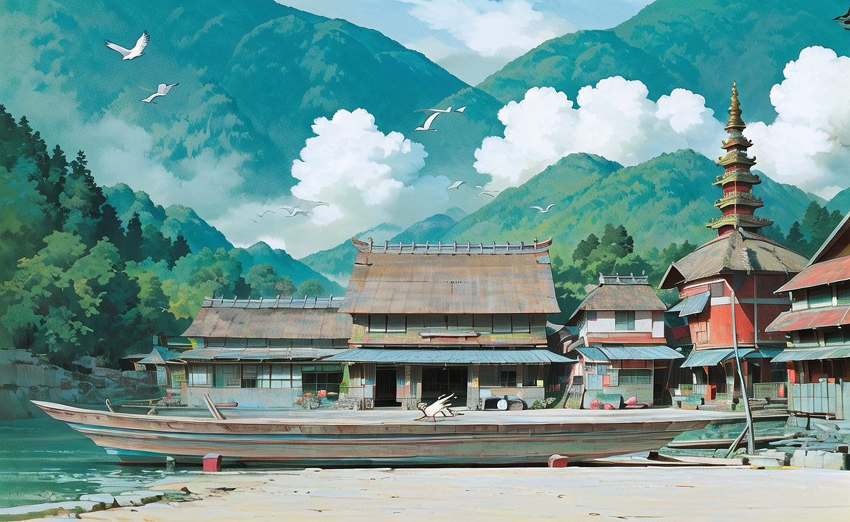 河边渔村和丛林月夜