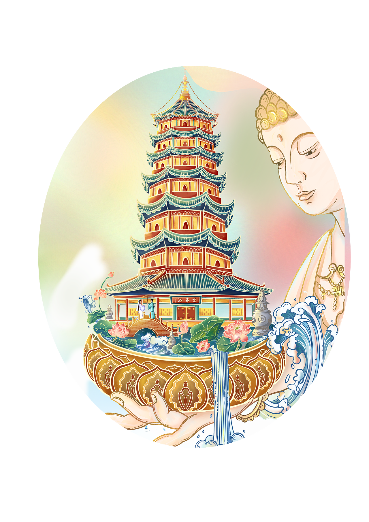 国风插画雷峰塔建筑白蛇青蛇元素