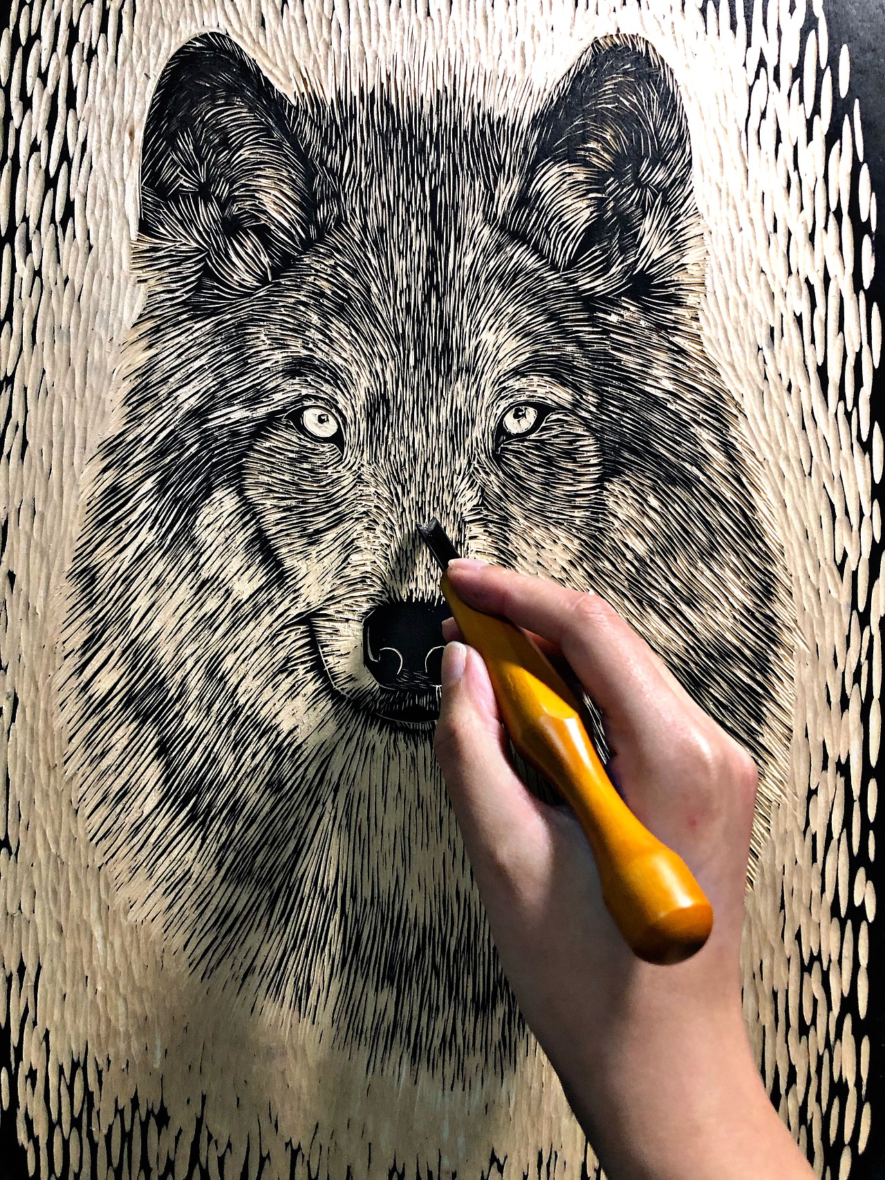 原创纯手工黑白木刻版画狼