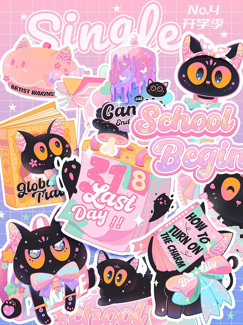 single cat 贴纸 开学季