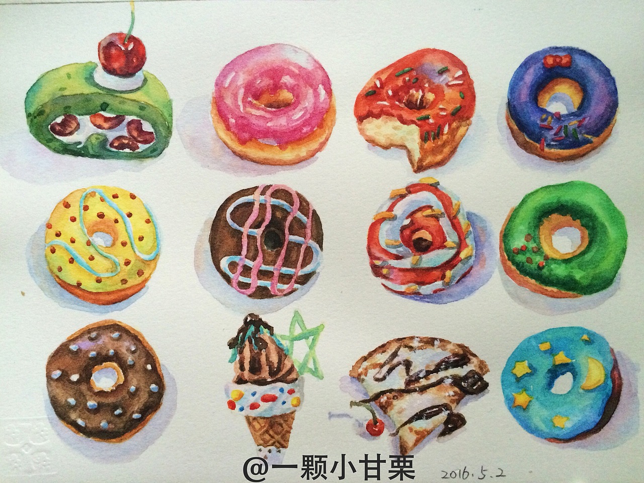 水彩甜品 甜甜圈