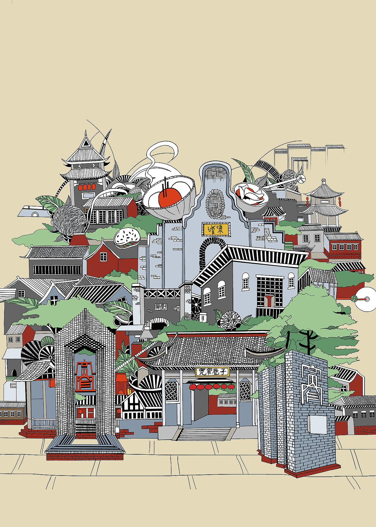 古镇景点插画设计