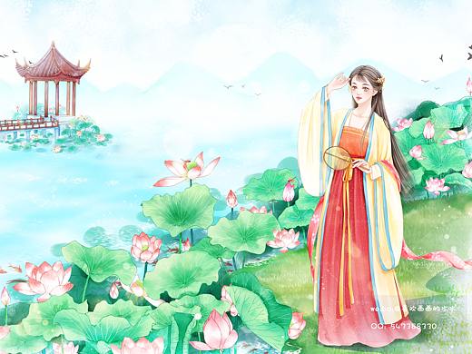 荷塘边的古风少女（个人主页-ZNTE2NDM3MzI=） - 商业插画 - 站酷设计师水水插画原创素材 - 站酷ZCOOL