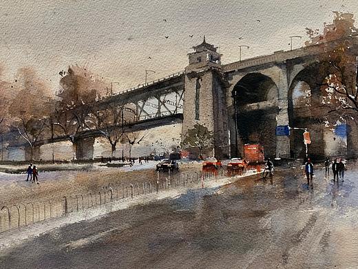 夏宇航水彩画《雪后的武汉大桥》