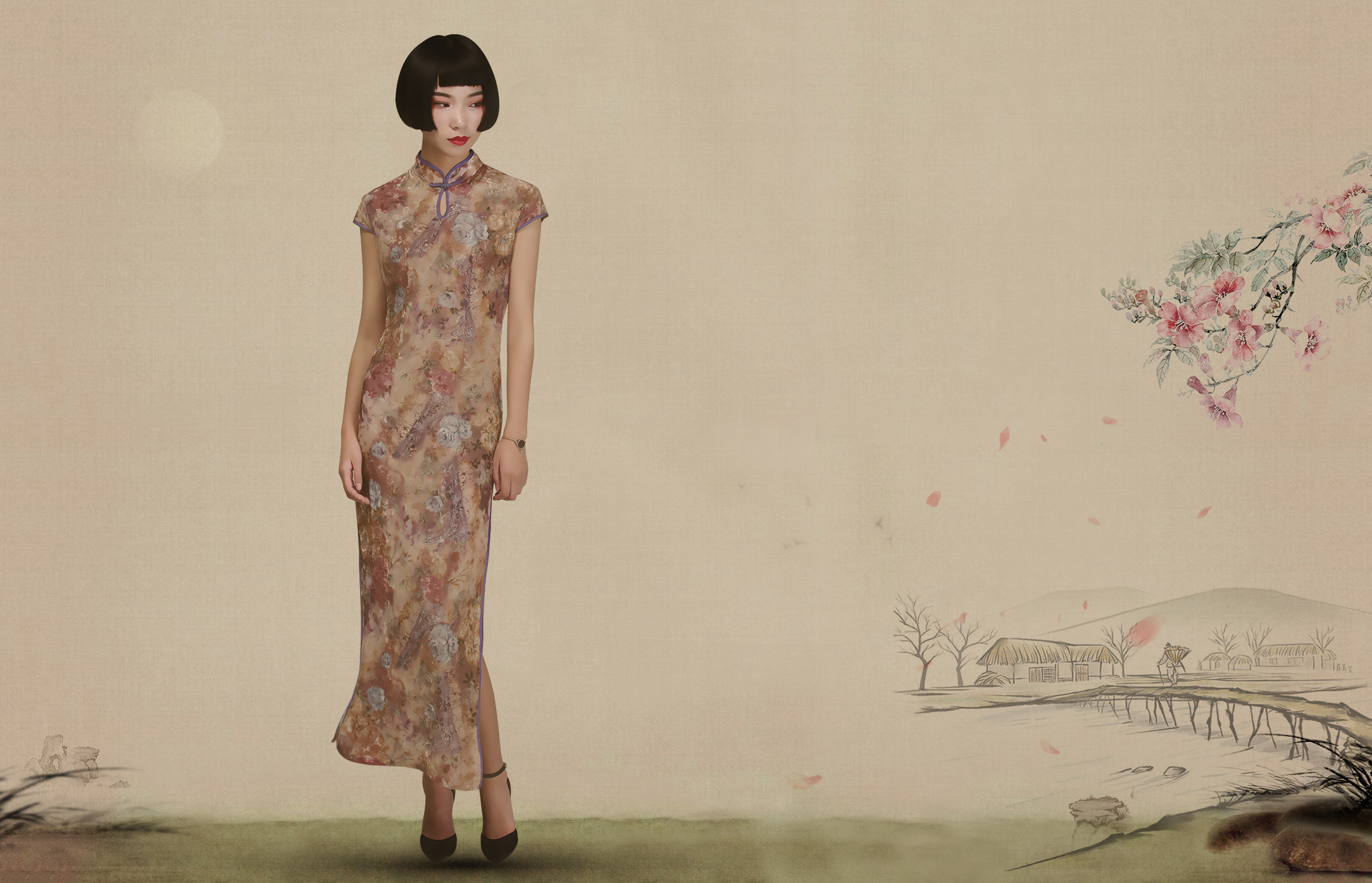 仿孙郡工笔画ps效果古典中国风水墨山水画连衣裙旗袍海报图/尤家衣店