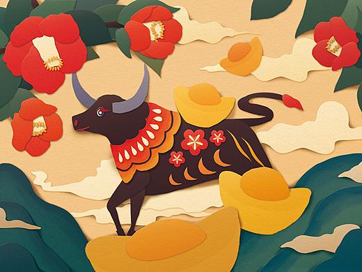 剪纸风格牛年生肖系列插画