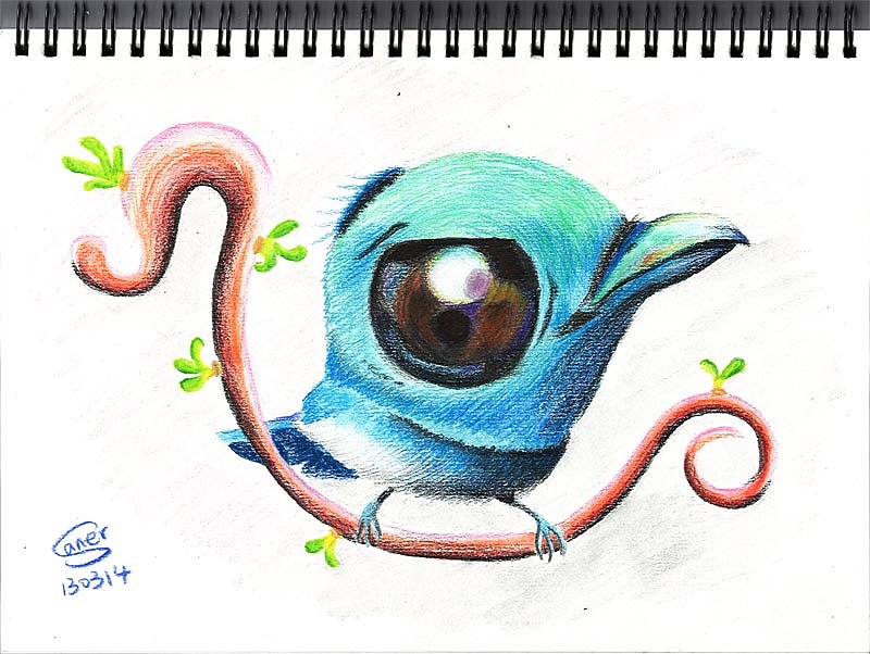 很喜欢这只蓝色的鸟,对着照片画的色彩,仿佛精灵一般。。。黑色彩铅用的好快啊,刚买的一套72色,都只用了一点点,黑色就已经被削了两次了,只能单买多备着点了~~~