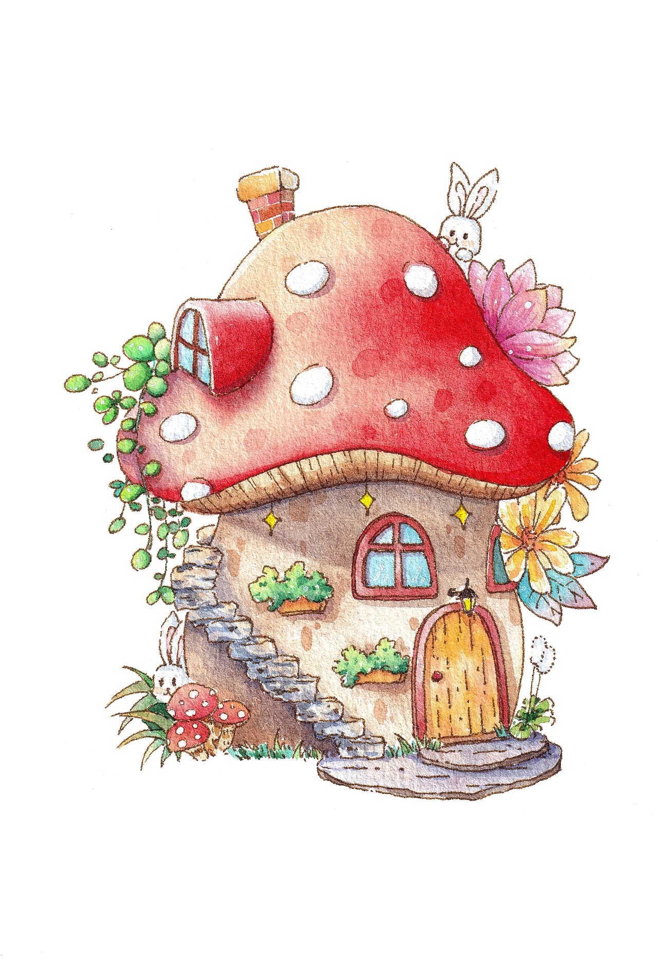 钢笔淡彩 童话镇儿童插画