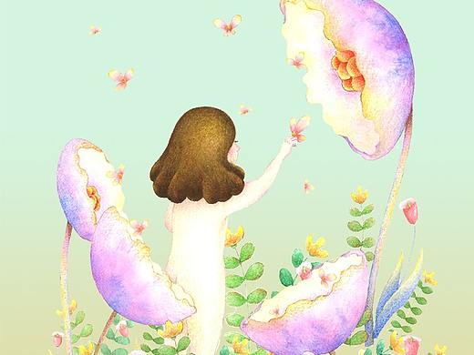 一组水彩手绘插画，少女与花小系列