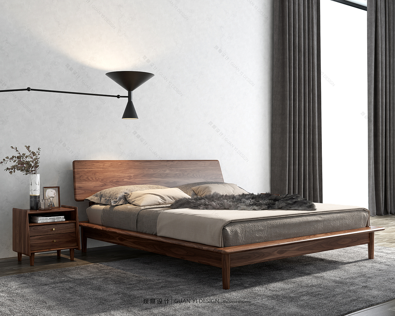 現(xiàn)代黑胡桃實(shí)木床+床頭柜表現(xiàn)（圖ZMTg0ODE2NjY0） - 生活用品 - 站酷設(shè)計(jì)師觀意設(shè)計(jì)原創(chuàng)素材 - 站酷ZCOOL