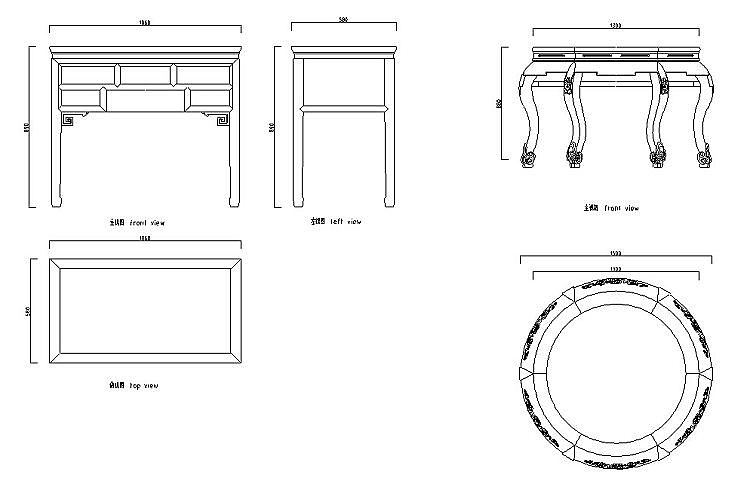 cad中式欧式古典家具桌椅子床三视图平立面图库素材